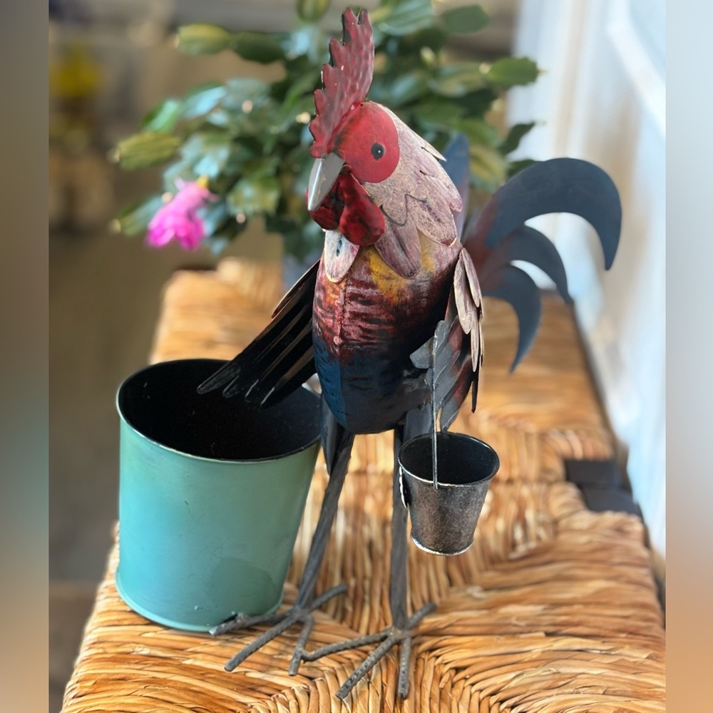 Colourful Metal Rooster Planter Indoor Outdoor Country Rustic Farmhouse Barn